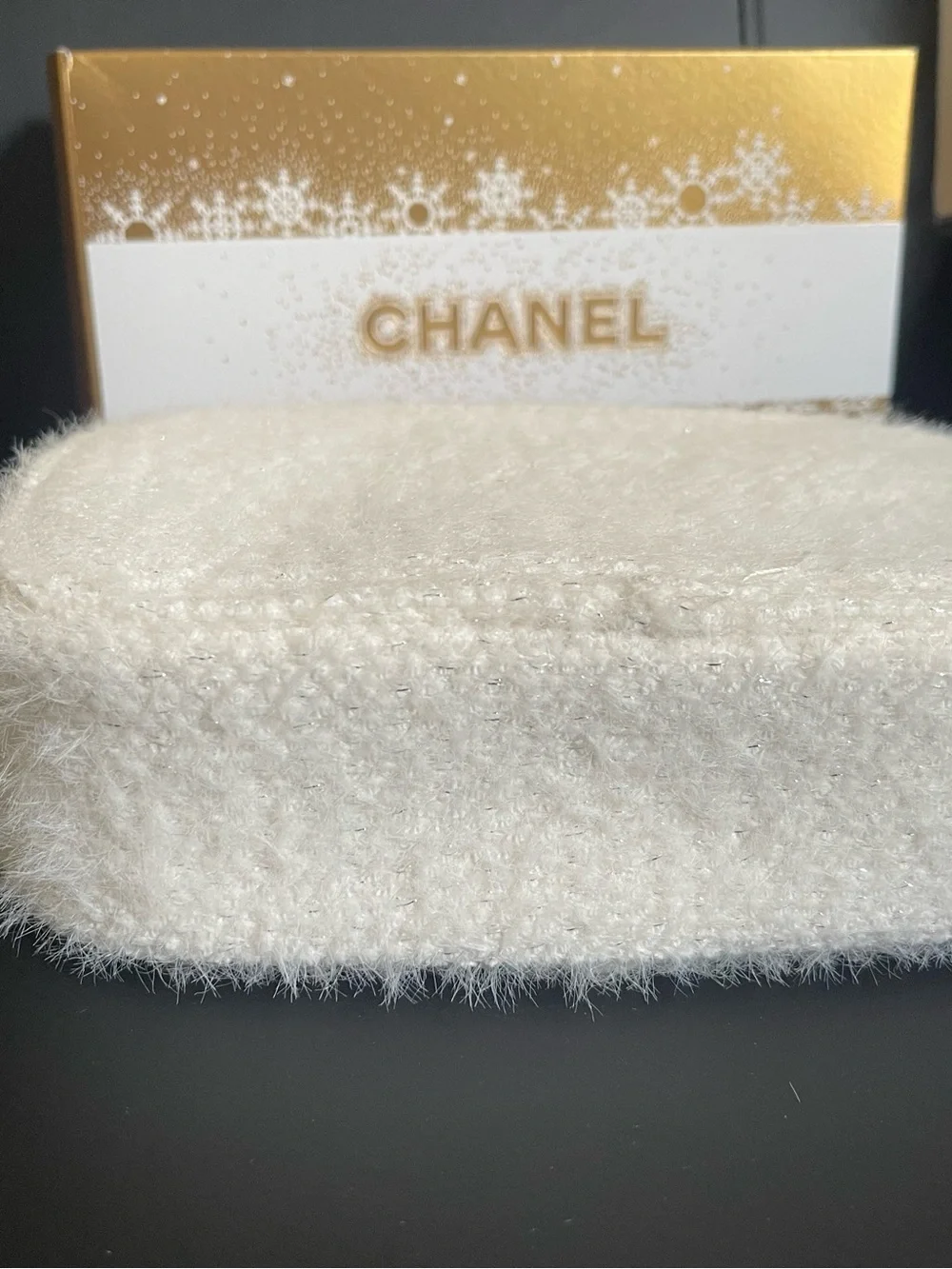 CHANEL Cream Faux-Fur Cosmetic Pouch with Gold Logo. Limited edition